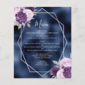 Budget Lila Bloemen Zilver Navy Wedding Menu (Voorkant)