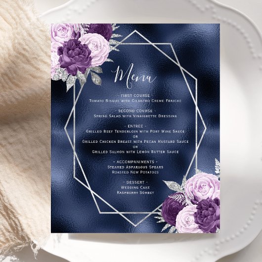 Budget Lila Bloemen Zilver Navy Wedding Menu