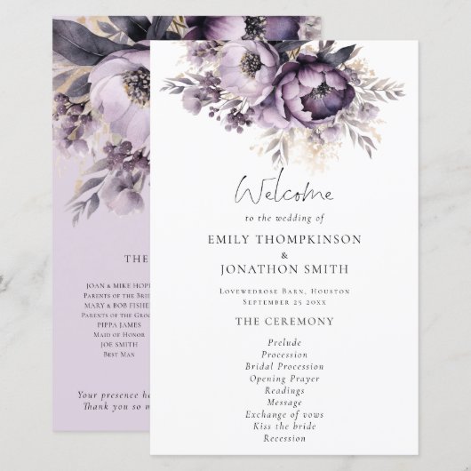 Budget Lila Paarse Bloemen Trouwprogramma (Voorkant / Achterkant)