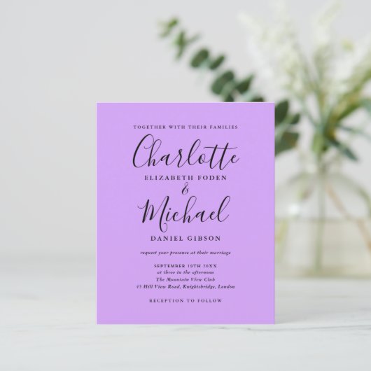 Budget Lila Script Photo Wedding Invitation (Staand voorkant)