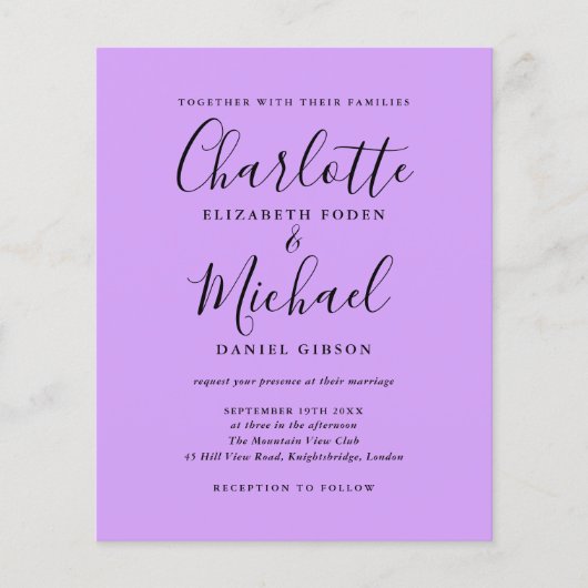 Budget Lila Script Photo Wedding Invitation (Voorkant)