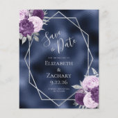 Budget Lila Zilveren Bloemen Navy Save the Date (Voorkant)