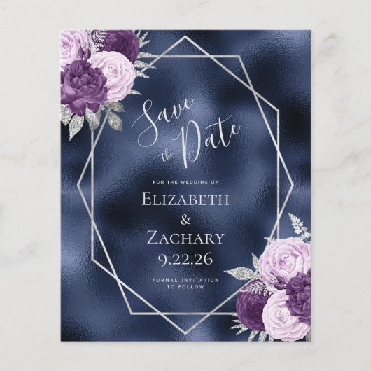 Budget Lila Zilveren Bloemen Navy Save the Date (Voorkant)