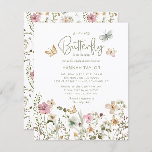 Budget Little Butterfly Girl Baby shower Invite (Voorkant / Achterkant)