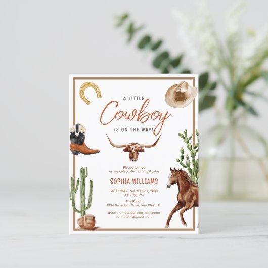 Budget Little Cowboy Rodeo Baby shower Invitation (Staand voorkant)