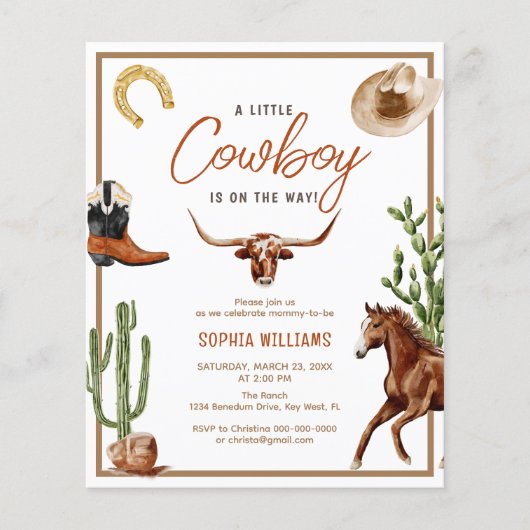 Budget Little Cowboy Rodeo Baby shower Invitation (Voorkant)