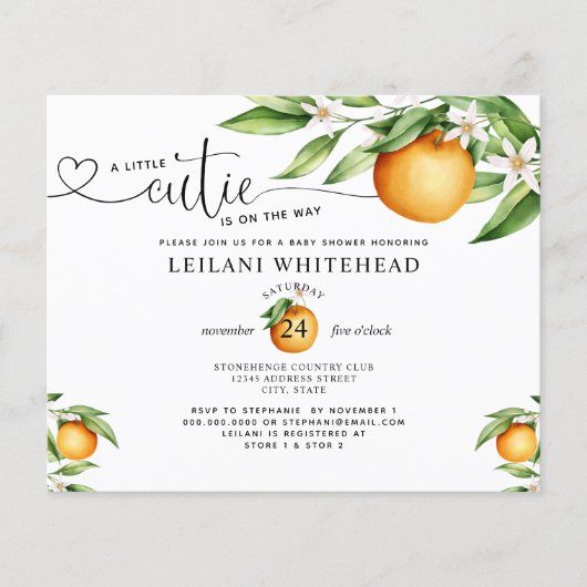 Budget Little Cutie Oranje Baby shower Invitation (Voorkant)