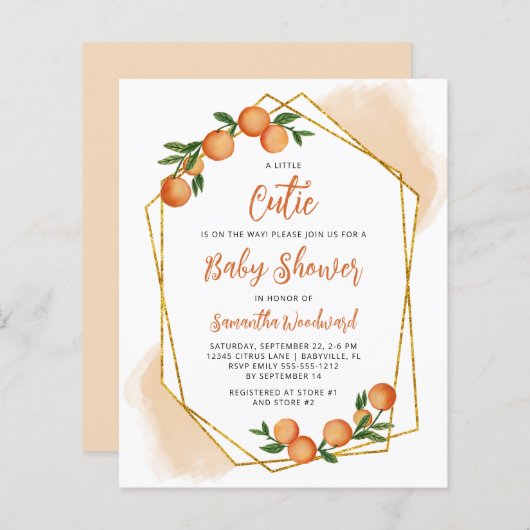 Budget Little Cutie Oranje Baby shower Invitation (Voorkant / Achterkant)