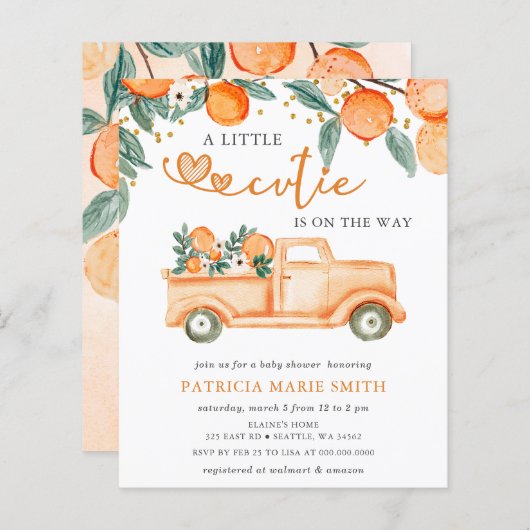 Budget Little Cutie Oranje Baby shower Invitation (Voorkant / Achterkant)