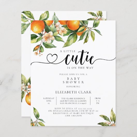 Budget Little Cutie Oranje Baby shower Invitation (Voorkant / Achterkant)