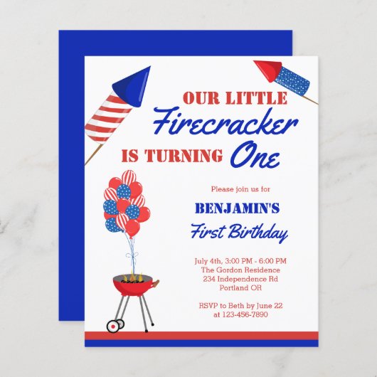 Budget Little Firecracker 1st Birthday 4th of Juli (Voorkant / Achterkant)