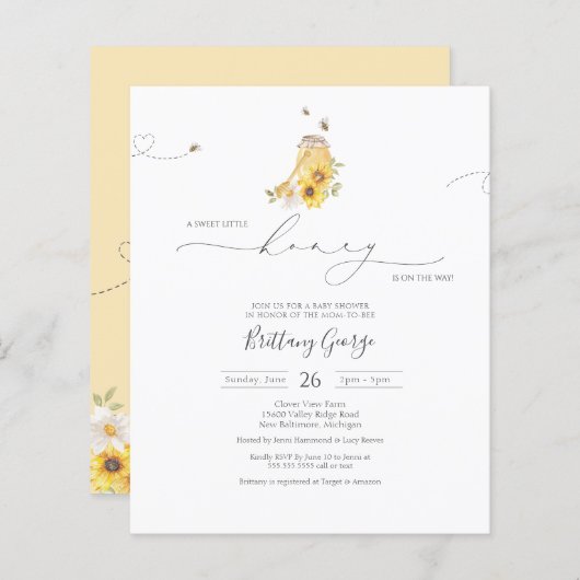 Budget Little Honey Bee Baby shower Invitation (Voorkant / Achterkant)