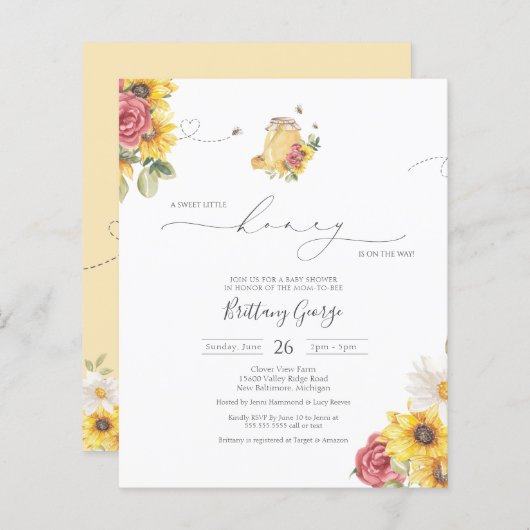 Budget Little Honey Bee Baby shower Invitation (Voorkant / Achterkant)