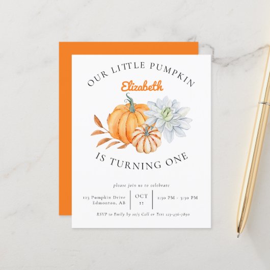 Budget Little Pumpkin 1st Birthday Invitation Cute (Voorkant / Achterkant in situ)