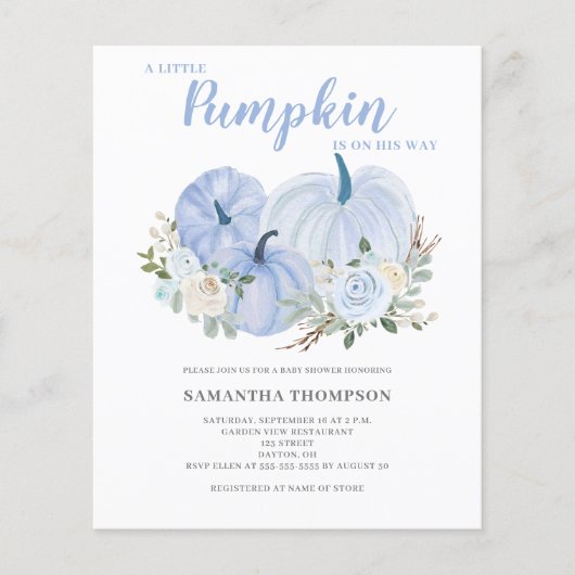 Budget Little Pumpkin Blue Baby shower Invitation Flyer (Voorkant)