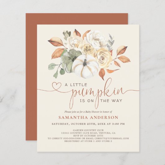 Budget Little Pumpkin Floral Baby shower Invite (Voorkant / Achterkant)