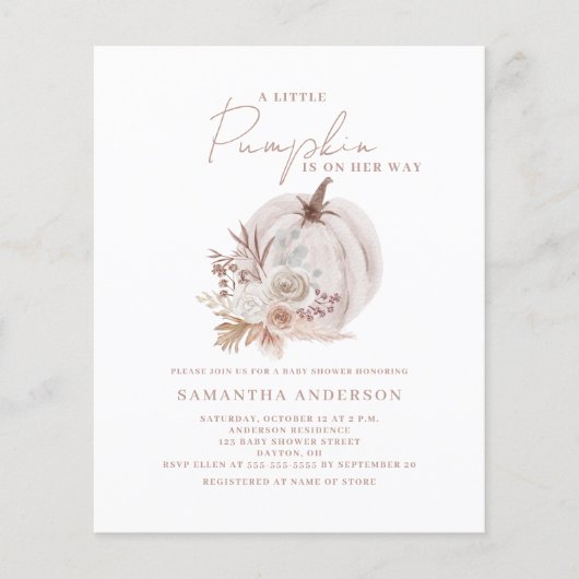 Budget Little Pumpkin Girl Baby shower Invitation Flyer (Voorkant)