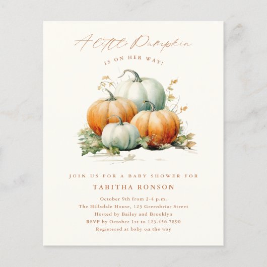 Budget Little Pumpkin Herfst Baby shower Invitatio (Voorkant)