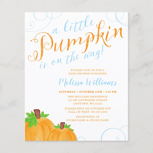 Budget Little Pumpkin Herfst Blue Boy Baby shower (Voorkant)