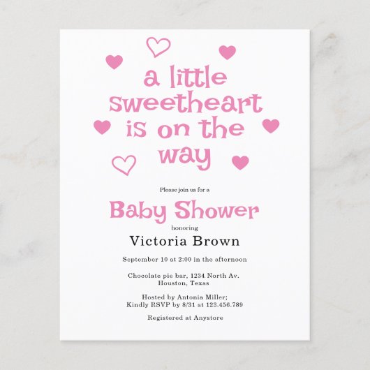 Budget Little sweetheart meisje Baby shower uitnod (Voorkant)