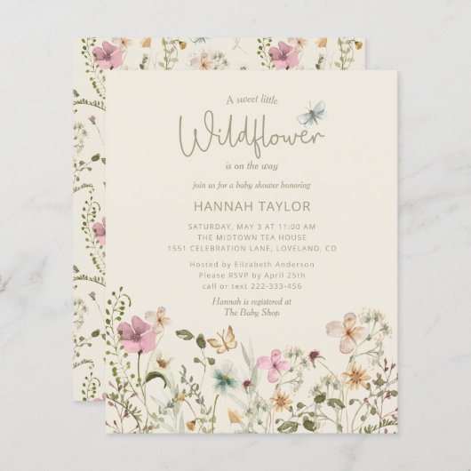 Budget Little Wildflower Girl Baby shower Invite (Voorkant / Achterkant)
