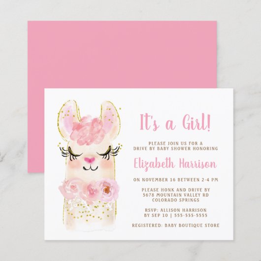 Budget Llama Baby Girl drive by Shower Invitation (Voorkant / Achterkant)