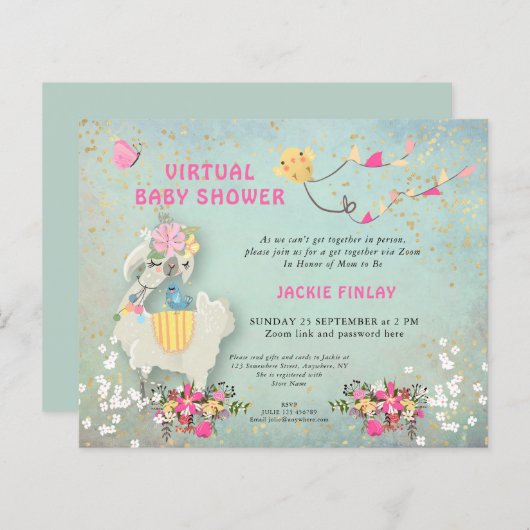 Budget Llama Virtual Baby shower Sage Invitation (Voorkant / Achterkant)