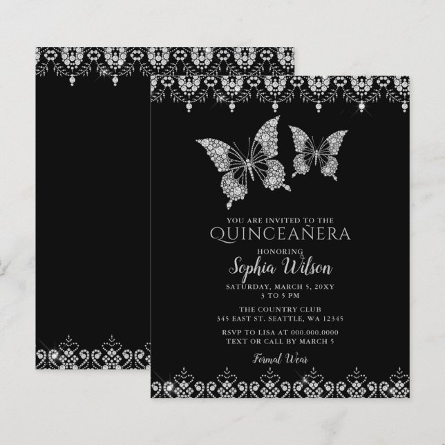 Budget Loace Butterflies Quinceañera Uitnodiging (Voorkant / Achterkant)