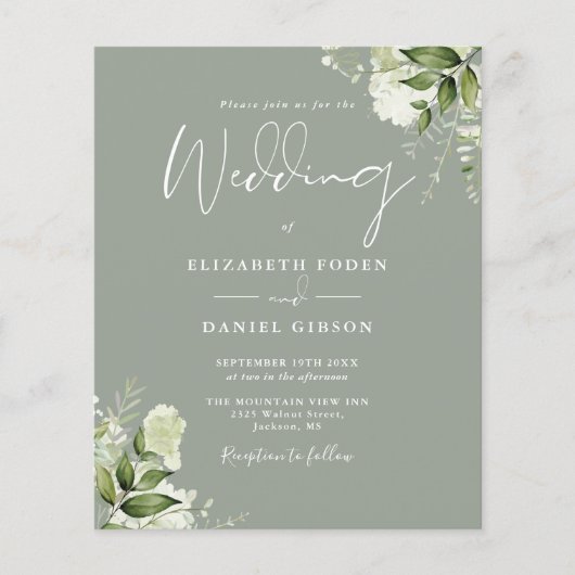 Budget Loof Sagegroene Foto Trouw Uitnodiging (Voorkant)