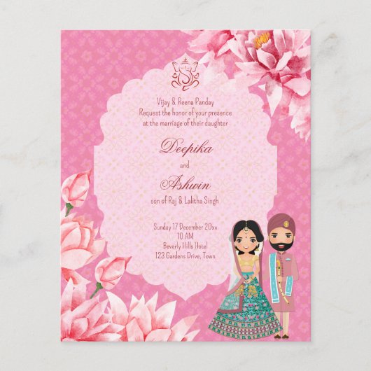 Budget lotus bloemen Indiaas bruidskoppel nodigt u (Voorkant)