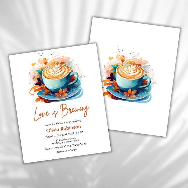 Budget Love is Brewing Vrijgezellenfeest Invite (Budget Blue Floral Love is Brewing Coffee Bridal Shower Invitation )