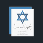 Budget Love Light Star van David Hanukkah Kaart<br><div class="desc">Liefde Ster van David Hanukkah Kaart. EEN BEGROTINGSPrijs KLEINE 4, 5 x 5, 6-inch flatkaart op een glanzende SEMI GLOSS 110 lb kaartvoorraad (vergelijkbaar met de dikte van een briefkaart) GEEF NOTA: De envelop die met deze kaart wordt geleverd is iets groter dan de kaart zelf. De hedendaagse minimale stijl...</div>