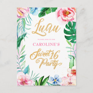 Budget Luau Tropical Floral Hawaiian Sweet 16 Uitnodiging Briefkaart
