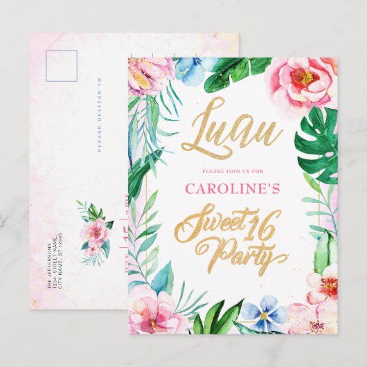 Budget Luau Tropical Floral Hawaiian Sweet 16 Uitnodiging Briefkaart (Voorkant / Achterkant)