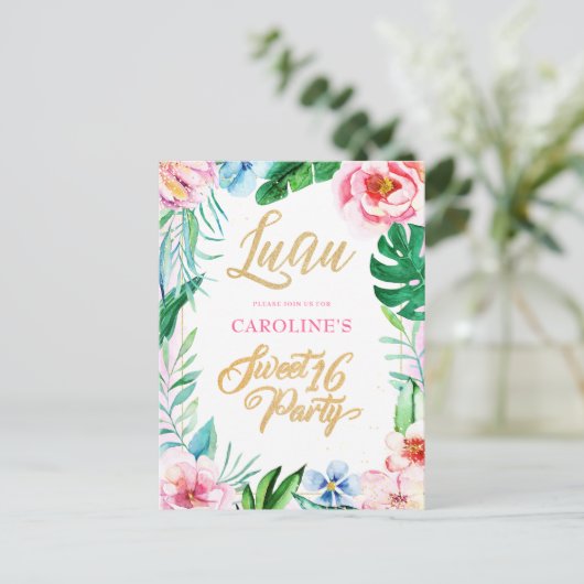 Budget Luau Tropical Floral Hawaiian Sweet 16 Uitnodiging Briefkaart (Staand voorkant)