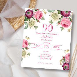 Budget Magenta Floral 90th Birthday Uitnodiging