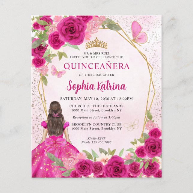 Budget Magenta Gold Floral Princess Quinceañera (Voorkant)