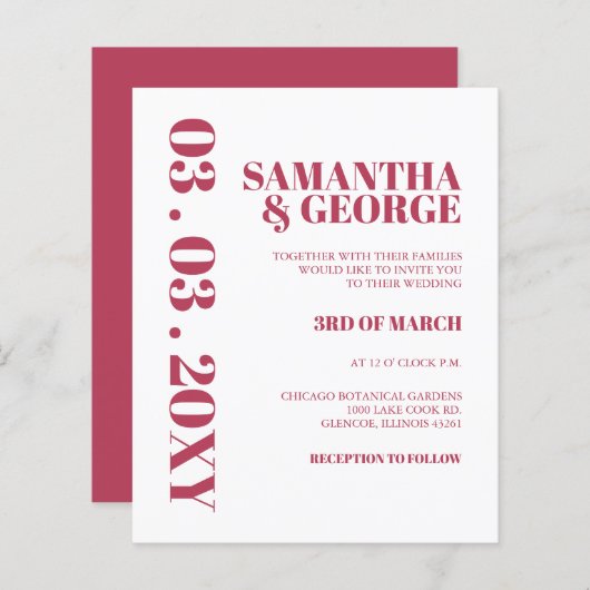 Budget Magenta Modern Retro Wedding Uitnodiging (Voorkant / Achterkant)