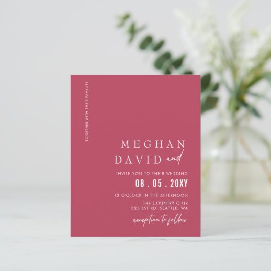 Budget Magenta Modern Wedding Uitnodiging (Staand voorkant)