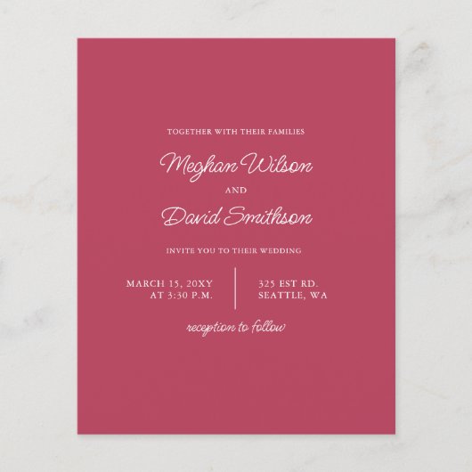 Budget Magenta Modern Wedding Uitnodiging (Voorkant)