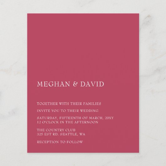 Budget Magenta Modern Wedding Uitnodiging (Voorkant)