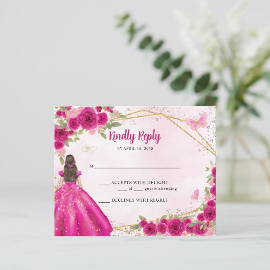Budget Magenta Pink Glam Gold Floral Princess RSVP (Staand voorkant)