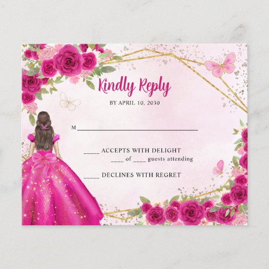 Budget Magenta Pink Glam Gold Floral Princess RSVP (Voorkant)