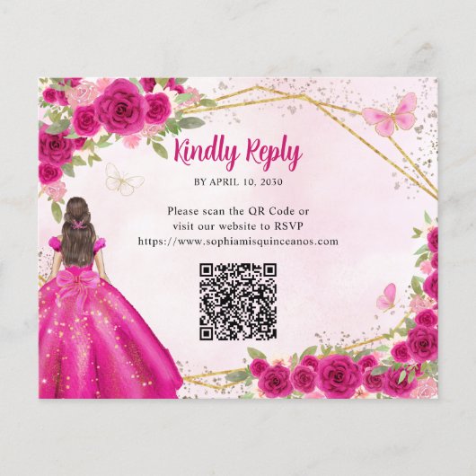 Budget Magenta Roze Goud Bloemen Prinses QR RSVP (Voorkant)