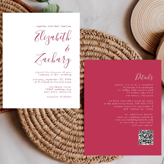 Budget Magenta Script QR-code bruiloft Uitnodigen