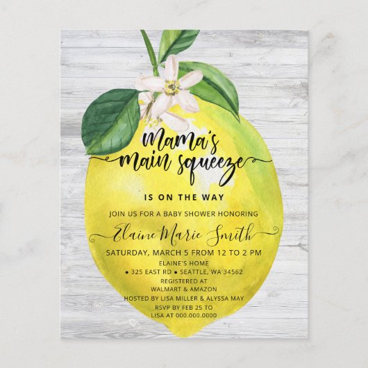 Budget Main Squeeze Lemon Baby shower Invitation (Voorkant)