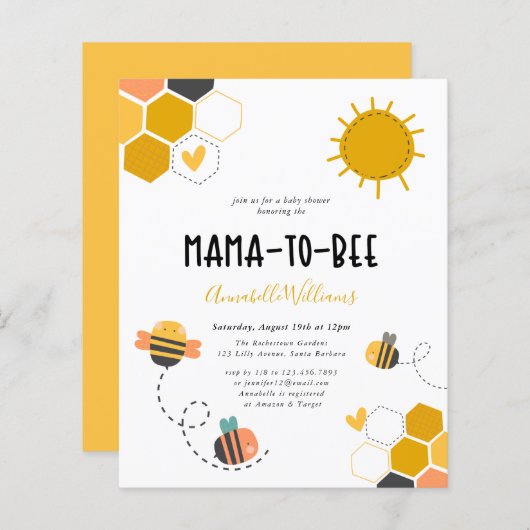 Budget Mama-To-Bee Baby shower Uitnodiging (Voorkant / Achterkant)