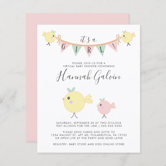 Budget mammird Virtual Baby Girl Shower nodigt uit (Voorkant / Achterkant)