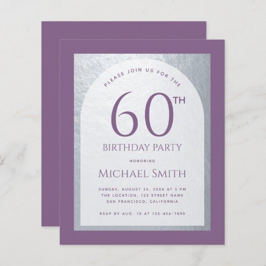 Budget Man Birthday Dusty Paarse Silver Invitation (Voorkant / Achterkant)