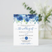 Budget Marine Blauw Bloemen Bruiloft Uitnodiging (Staand voorkant)